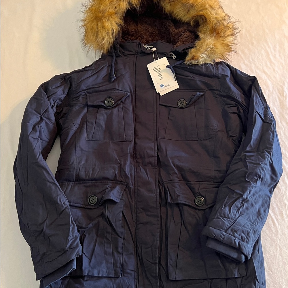 L NEW Szory Womens Winter Fall Jacket Coat Removable Fur Hoodie Navy Blue Cotton